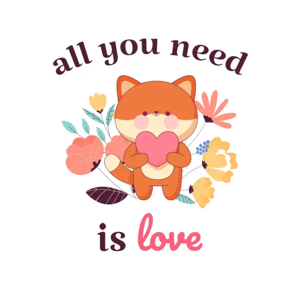 Happy fox in love with flowers in the background design