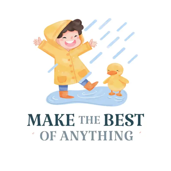Happy child with a duck playing in a puddle in the rain design