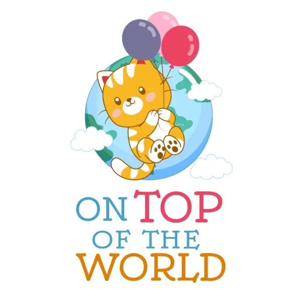 Cat flying with balloons with planet earth in the background design