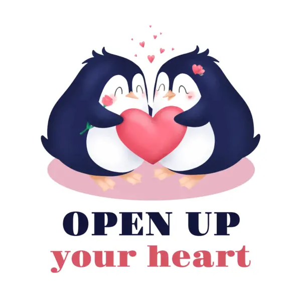 Couple of penguins in love holding a heart with a love phrase design