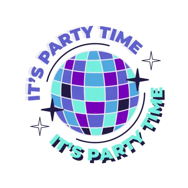 Disco ball with stars around it and party phrase design