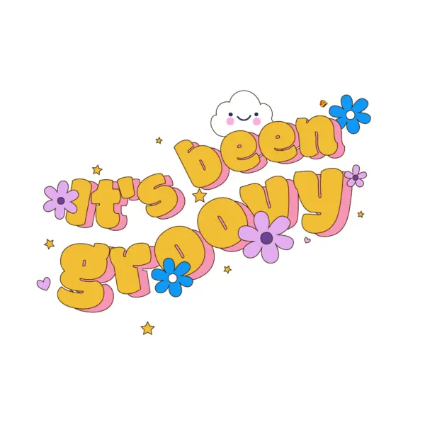 Joyful phrase with clouds, stars and flowers around it design