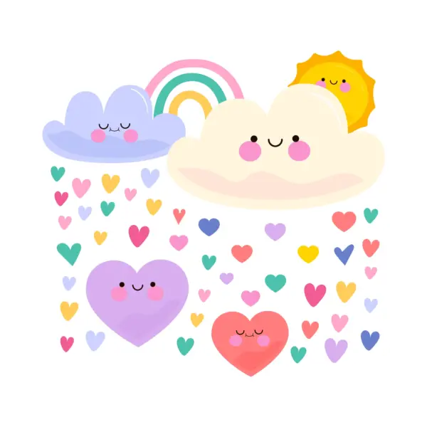 Happy clouds with hearts, rainbows and sun around them design