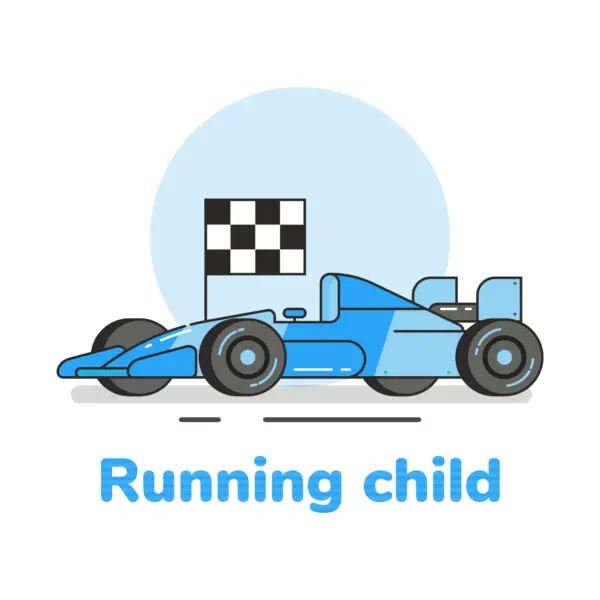 Single-seater car passing the finish line with a children's phrase design