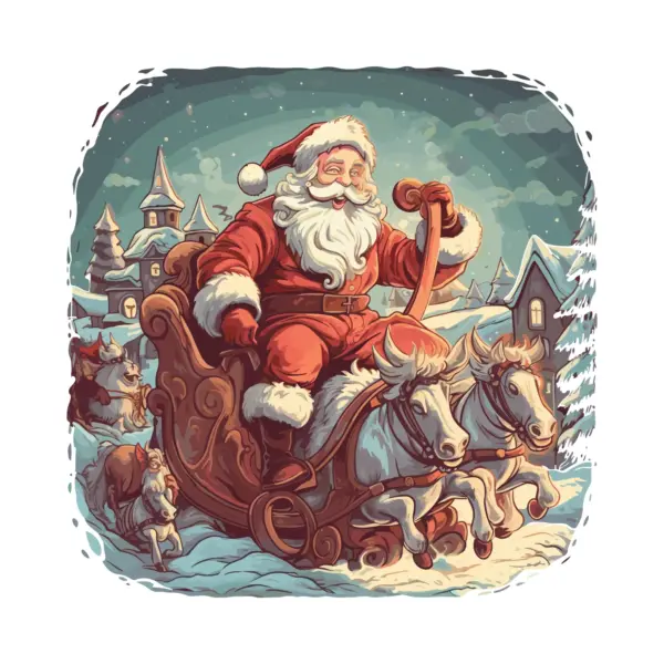 Santa Claus happily riding his sleigh with horses, mackerel and Christmas trees design