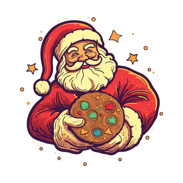 Santa Claus with stars around holding a chip cookie design