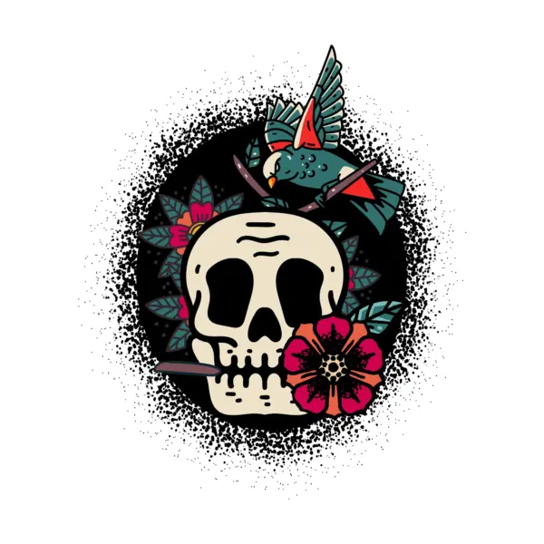 Skull holding a flower with its mouth while a bird perches on its head design