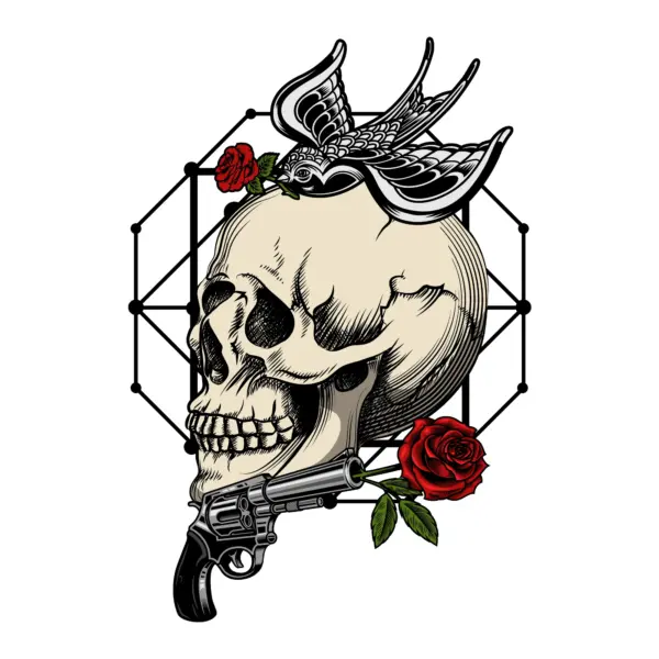 Skull with a bird flying around and a revolver firing a rose design