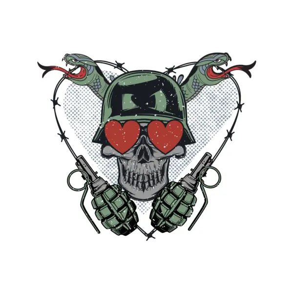 Skull in love with a military helmet, two snakes, thorn wire and grenades form a heart design