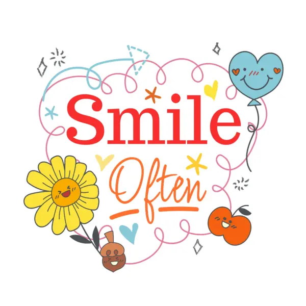 Happiness phrase with flowers, balloons and stars design