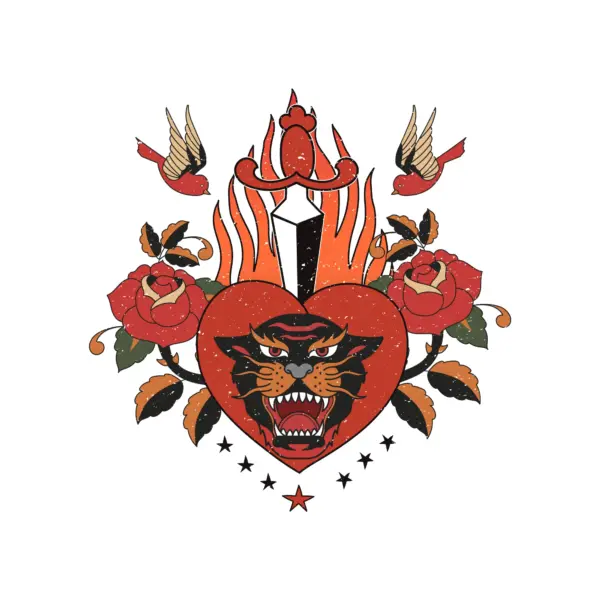 Heart with flowers rising around it, a sword stabbing it with a puma's head in its center design