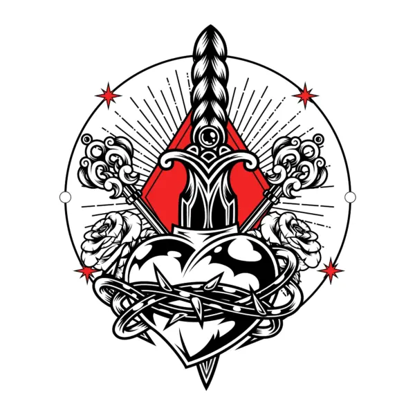 Heart surrounded by a cord of thorns, keys with royal design, roses and a dagger design