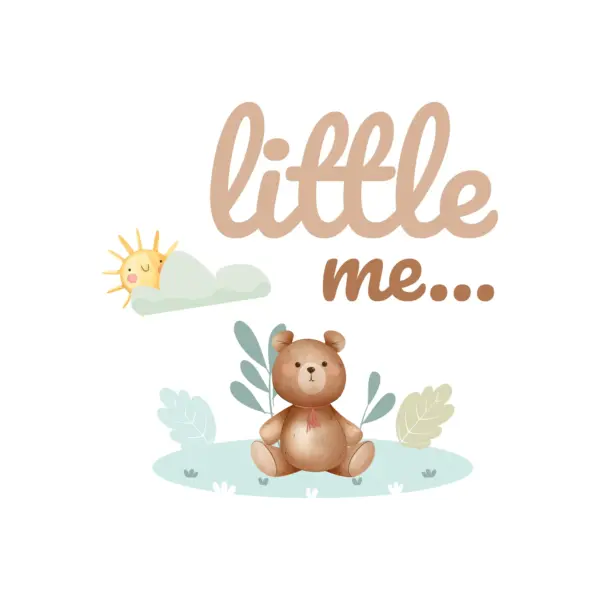 Teddy bear in a landscape with a happy sun and a phrase design