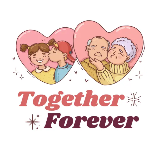 Couple of children and old couple with love forever phrase design