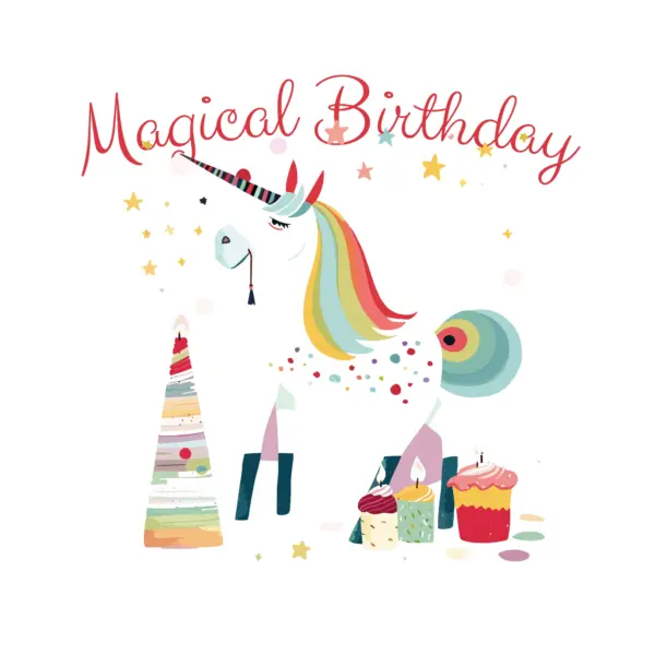Unicorn with gifts, cake and birthday phrase design