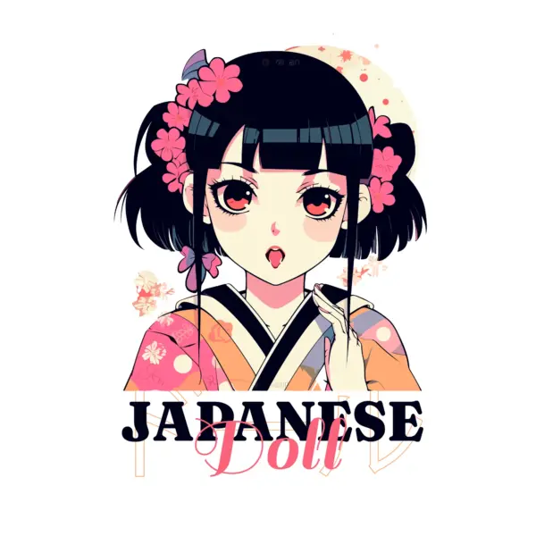 Girl sticking out her tongue with kimono, flowers decorating her hair and a Japanese phrase design