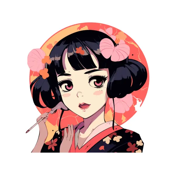 Japanese girl touching her hair decorated with flowers and dressed with a kimono design