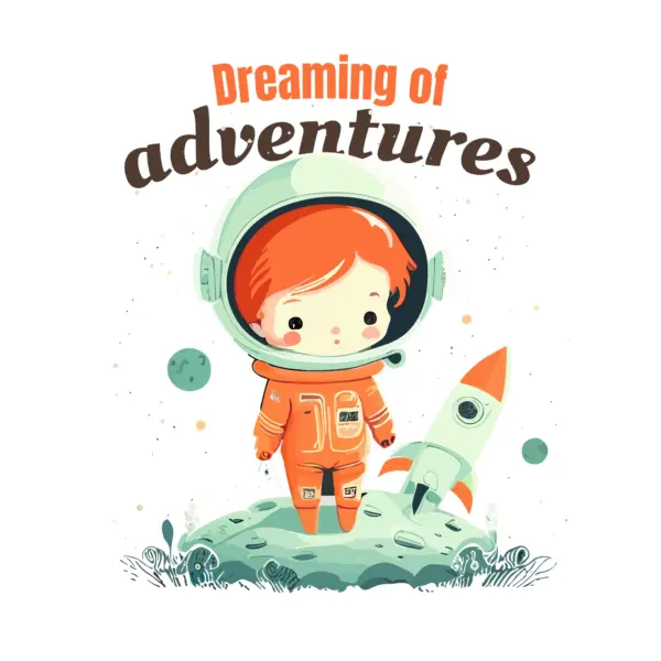 Child in astronaut helmet with rocket and adventure phrase design