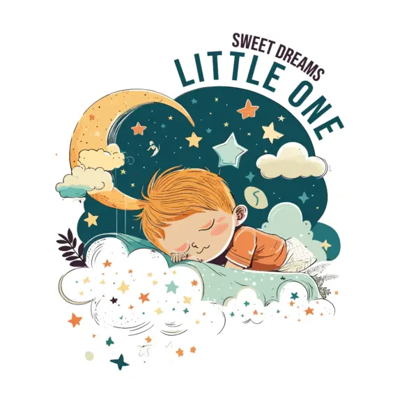 Sleeping child with moon, stars, snow and dream phrase accompanies the design