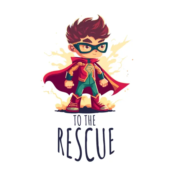Boy with superhero cape and rescue phrase design