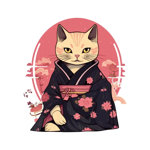 Japanese cat sitting with a kimono design