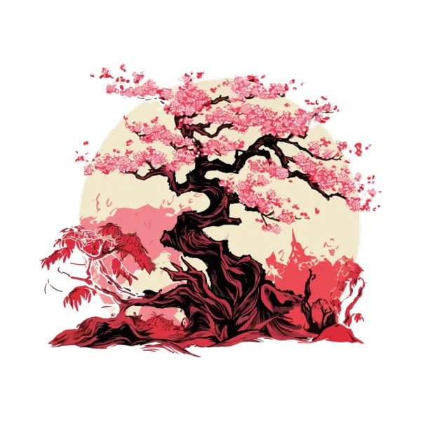 Traditional Japanese tree with cherry leaves design