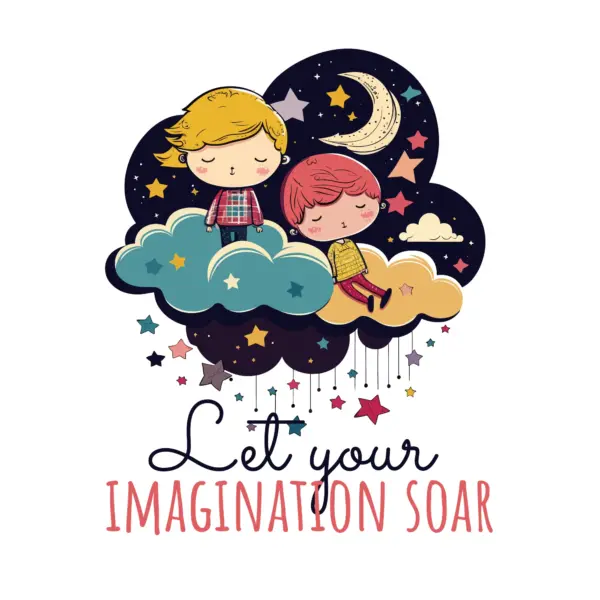 Children sleeping in the clouds surrounded by stars and the moon, decorated with a phrase of imagination design