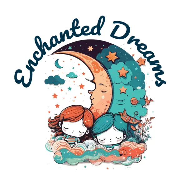 Children sleeping with a moon in the background and a dream phrase design