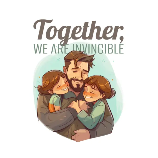 Happy dad hugging his two daughters with love phrase design