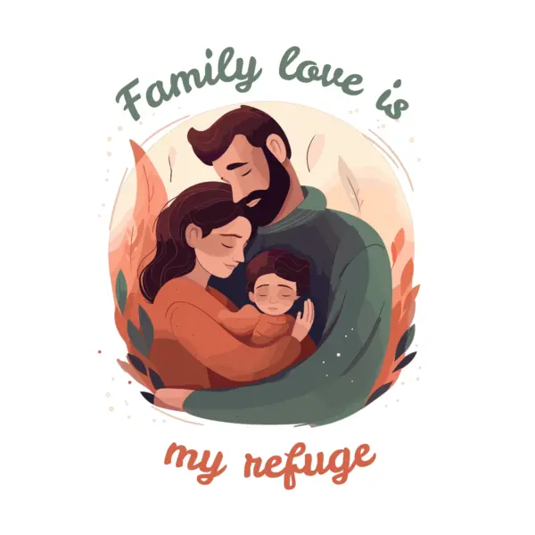 Dad and mom hugging their baby with phrase of love and family design