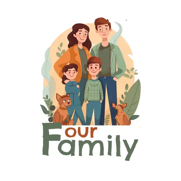 Parents accompanied by their children and pets with a family phrase design