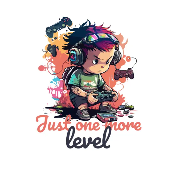 Child with video game controller and headset and game phrase design