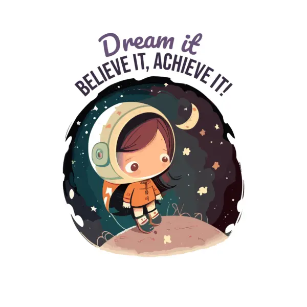 Girl with astronaut helmet with dream phrase design