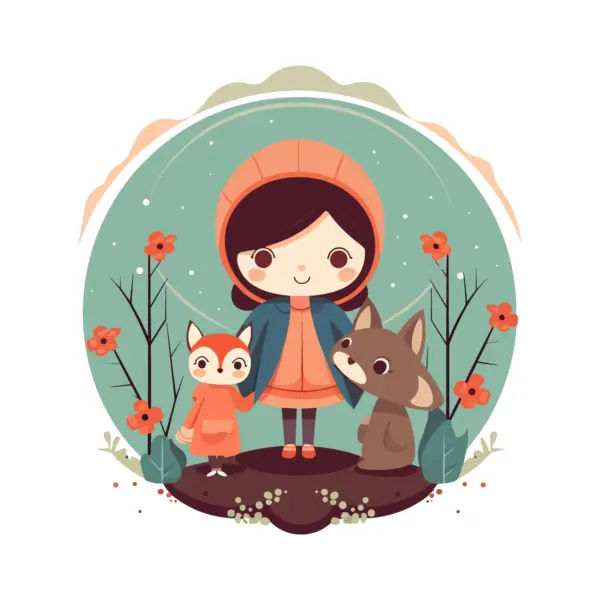 Girl giving love to animals with flowers around her design