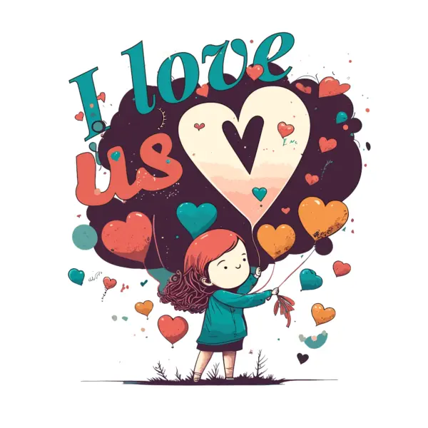 Girl holding a balloon in the shape of love and a phrase design