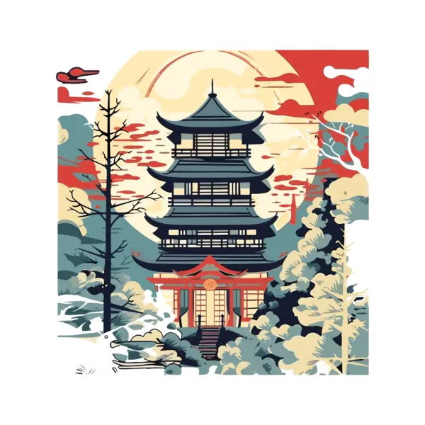 Japanese pogana tower with trees and clouds around it design