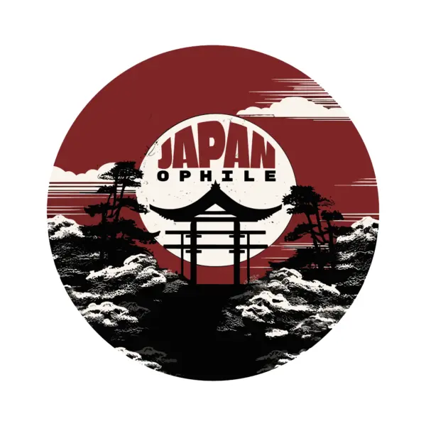 Japanese arch decorated with flowers, phrase and the Japanese rising sun design