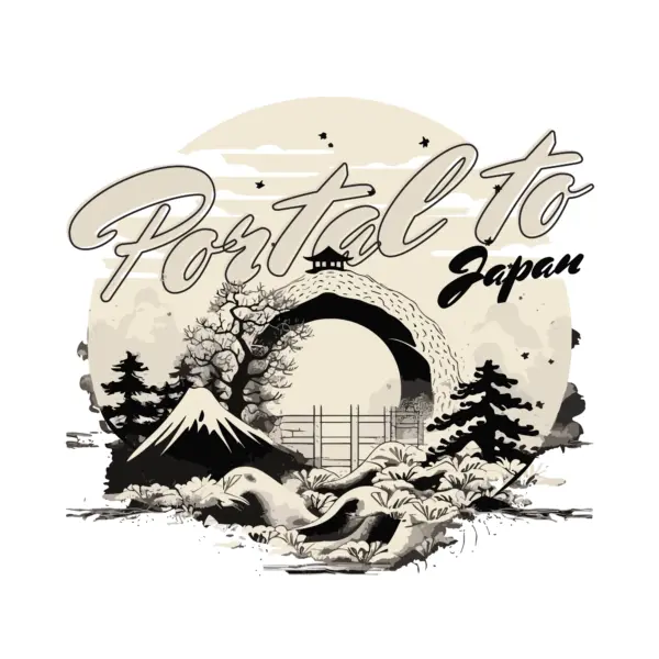 Gateway mountain with a Japanese shrine, natural ornaments and a Japanese phrase design