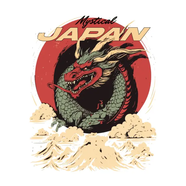 Japanese dragon with mountains and clouds around design