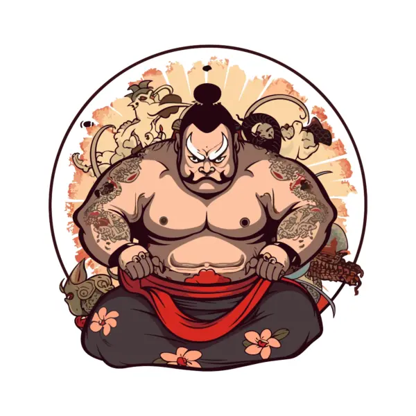 Japanese Sumo with tattoos, seated decorated with ornaments design
