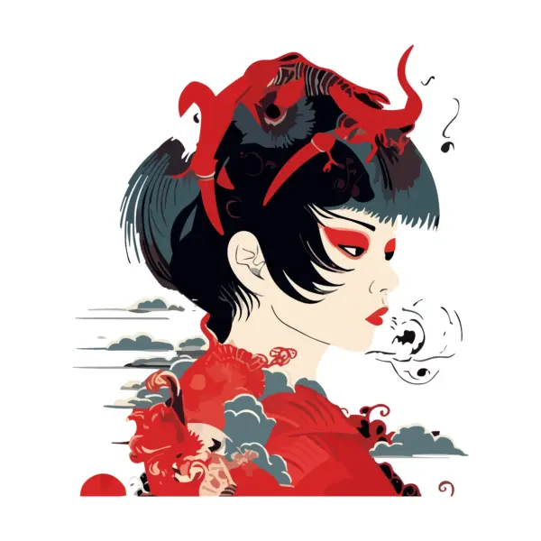 Girl with kimono and Japanese ornaments in and around her hair design