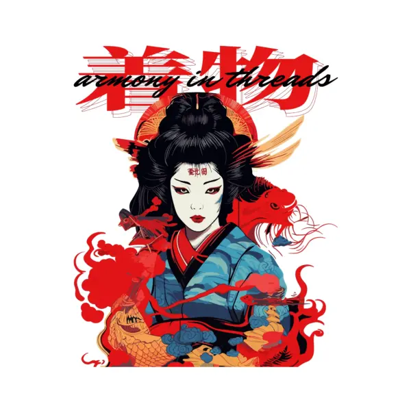 Japanese girl with kimono, fire around her accompanied by a Japanese phrase and letters design