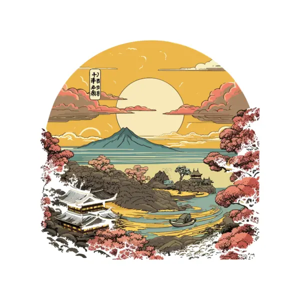 Mount fuji at sunset with mountains, sea and trees around it design
