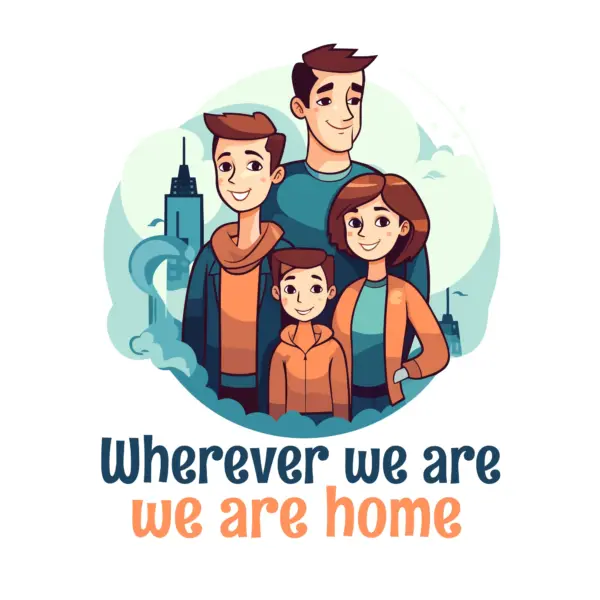 Parents and children happily greeting each other with a family phrase design