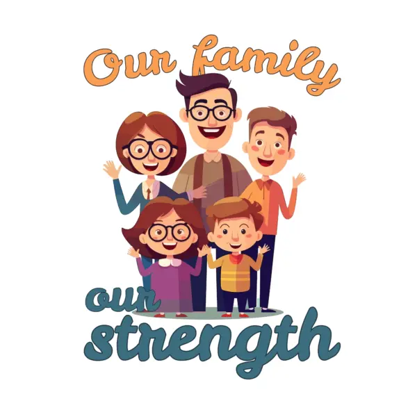 Large family with father and siblings greeting with one sentence design