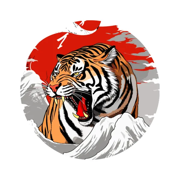 Tiger roaring with mountains all around design