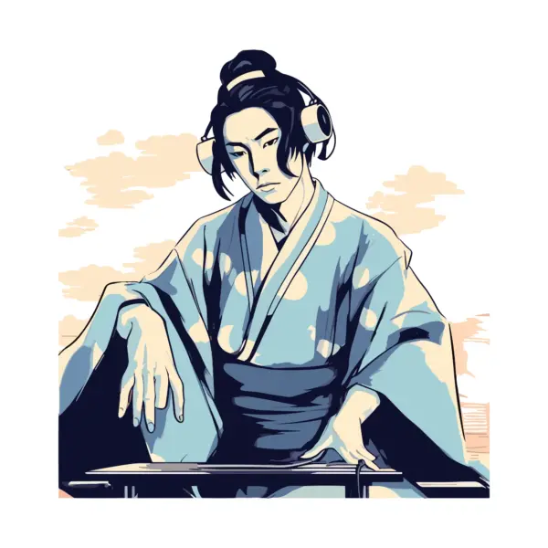 Japanese boy in kimono playing DJ with headphones design