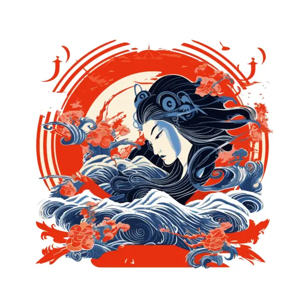 Japanese girl in kimono surrounded by clouds design