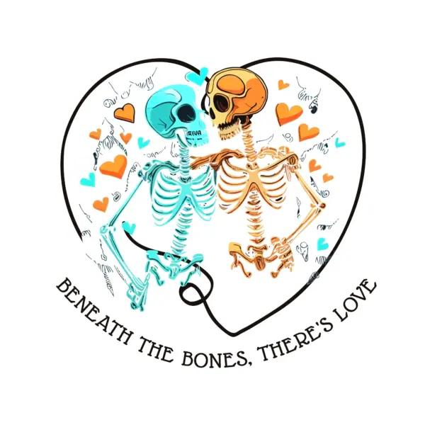 Skulls embraced together with a heart with a love phrase design
