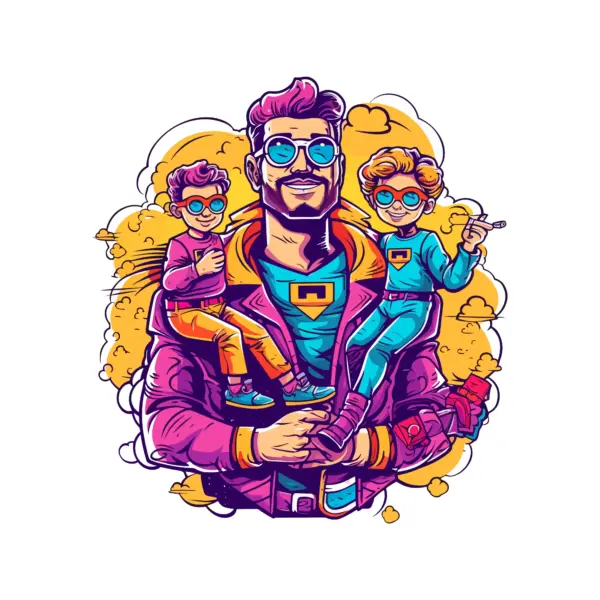 Father in superhero cape hugging and carrying his two children design